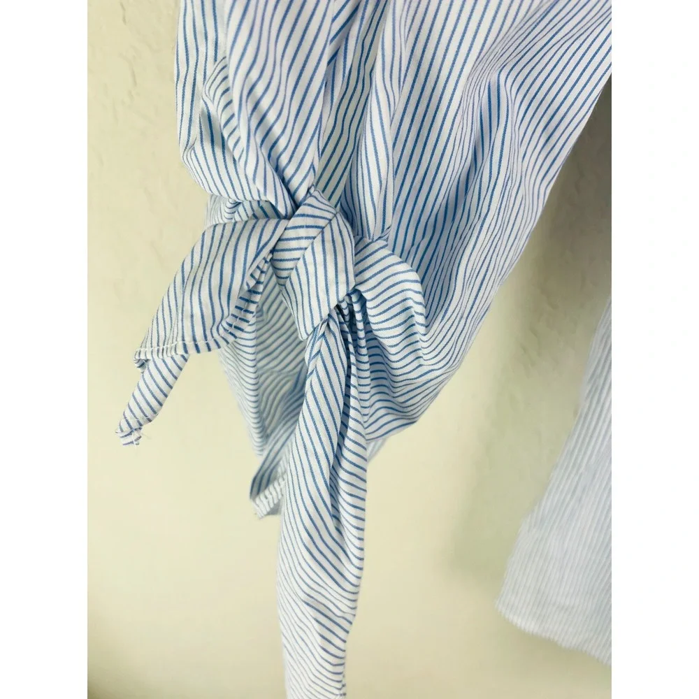 DO+BE‎ Blue White Stripe Off Shoulder Blouse Tie Sleeve Balloon Hem Size Small - Picture 4 of 9